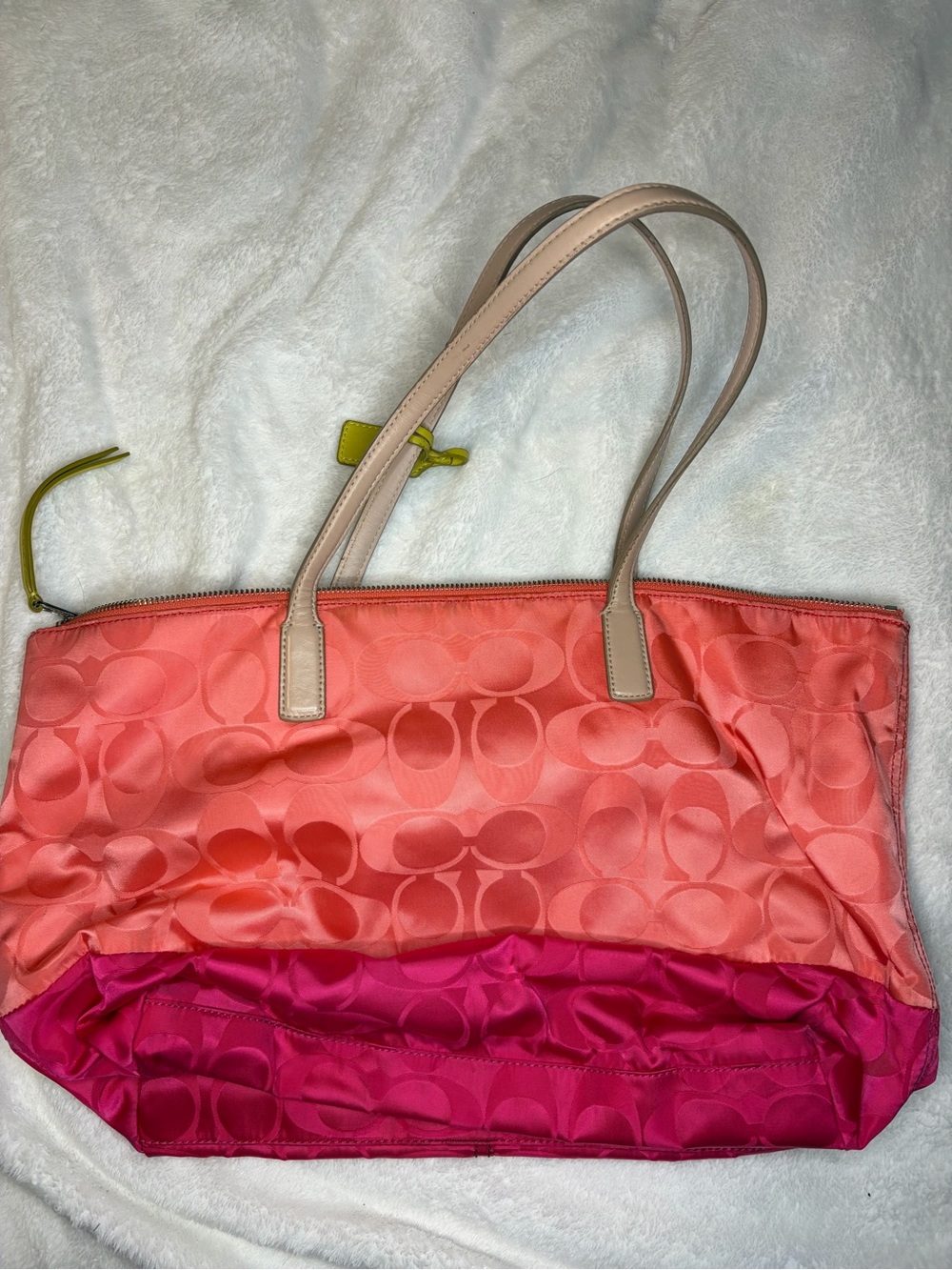 Coach Two-Tone Pink Coral Signature Tote with Beige Handles - Picture 2 of 3